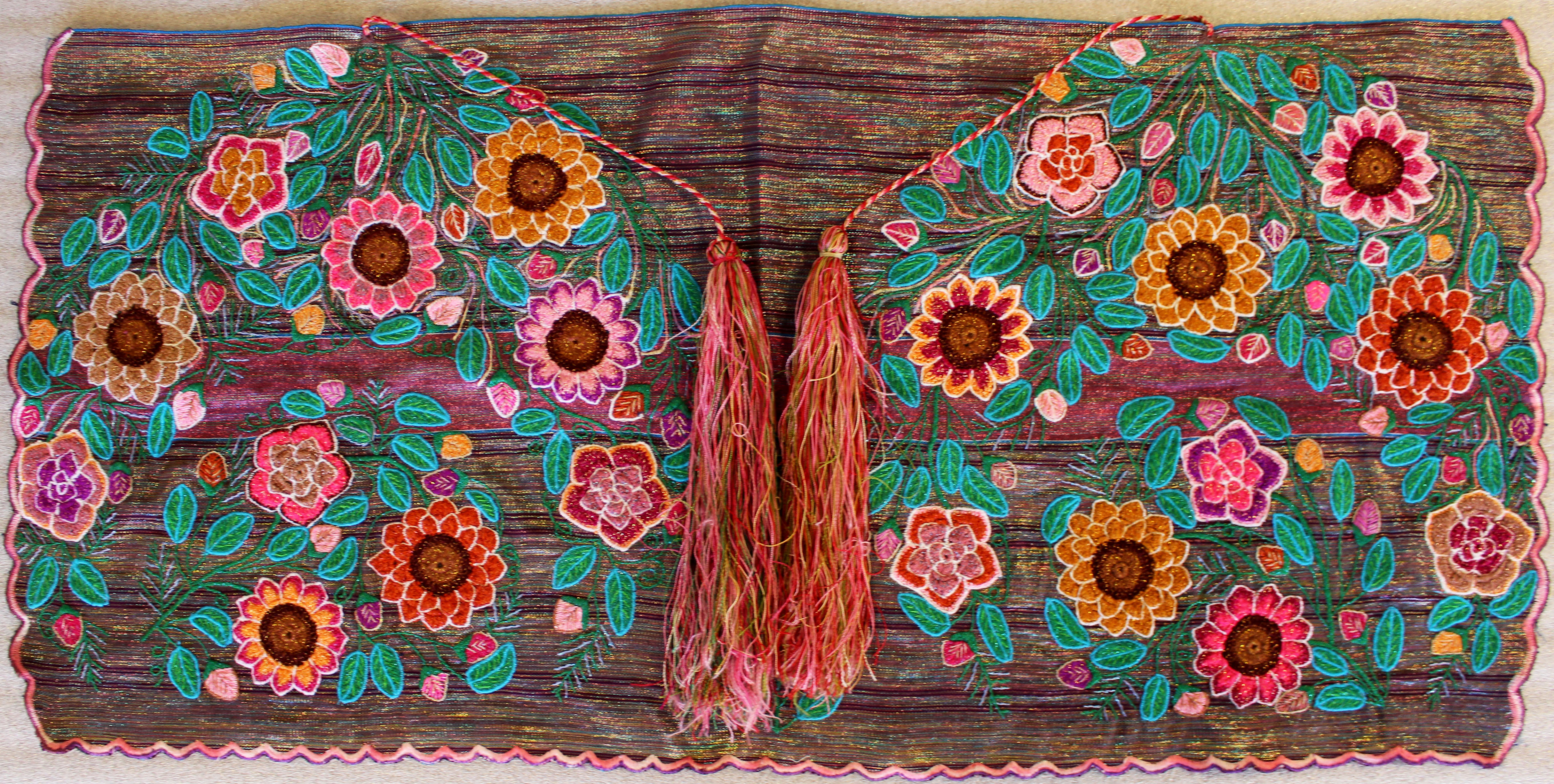 2020.02.01, rectangular shawl with pink striped background and large circles of round flowered embroidery